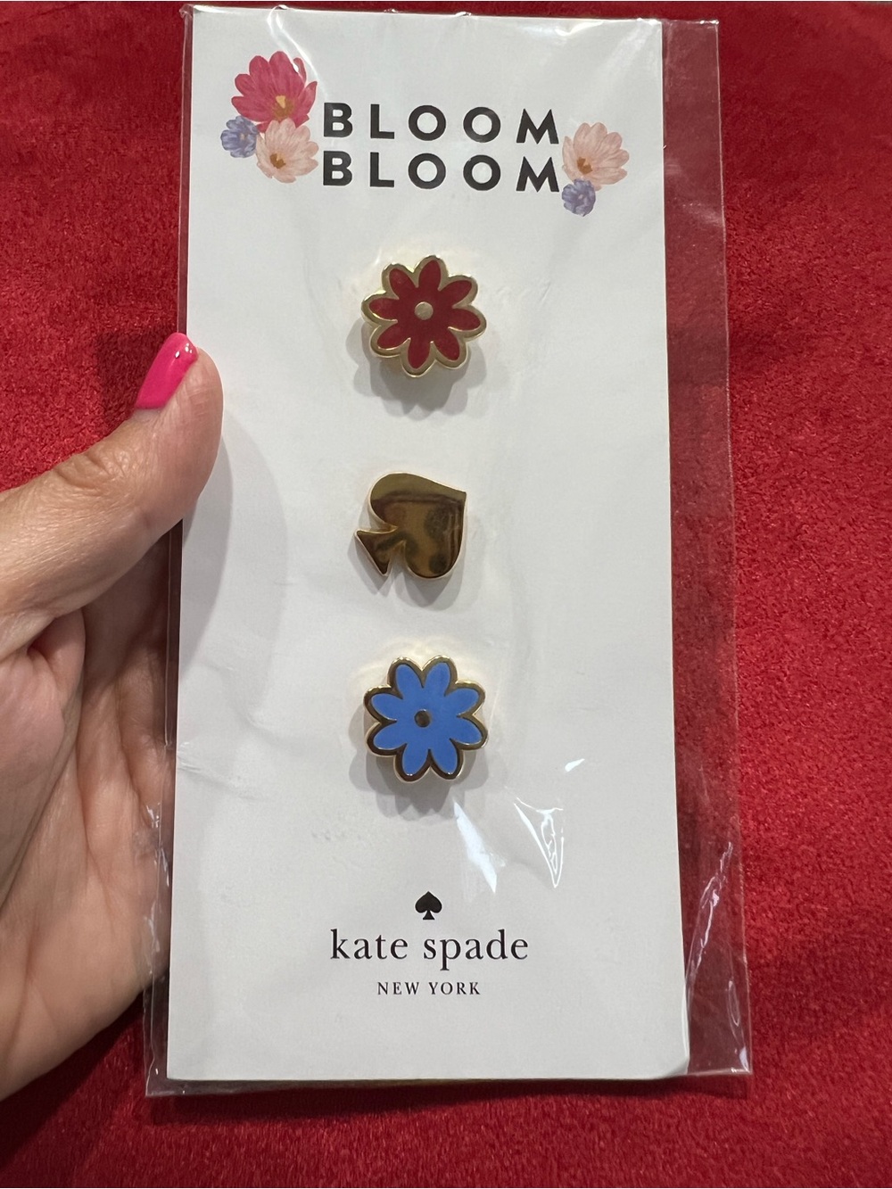 kate spade Red & Blue Flower and Gold Spade Enamel Pin Trio